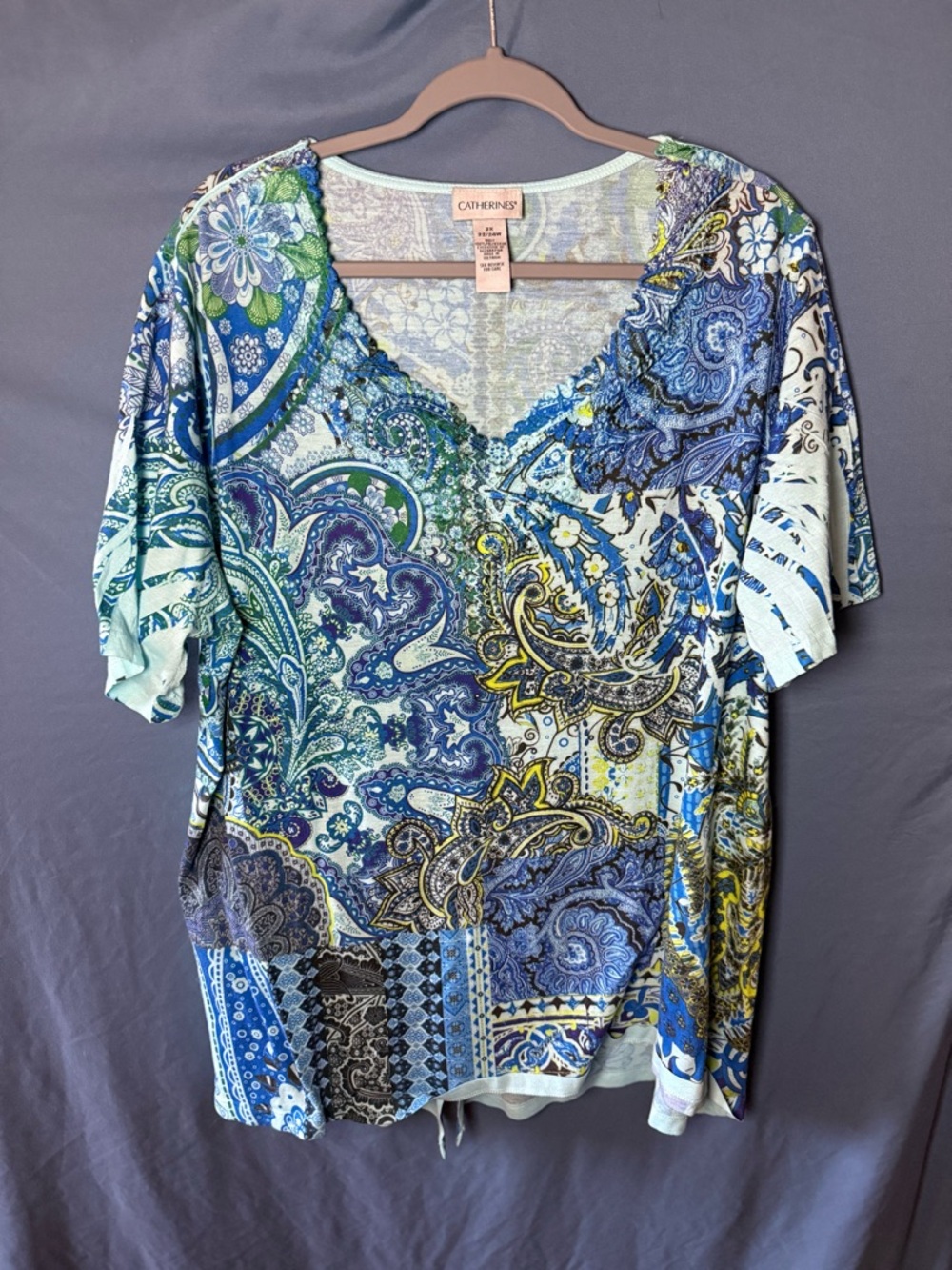 Catherines Blue & Green Paisley V-Neck Short Sleeve Top w/ Rhinestones on Neck